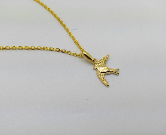 14K Solid Yellow Gold Dove Pendant Flying Bird Peace Necklace Charm Women Men