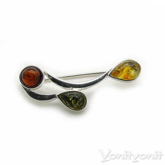 Three Amber Gemstones DESIGNER Handmade Women Jewelry Brooch 925 Sterling Silver Brooch