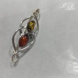 Three Amber Gemstones DESIGNER Handmade Women Jewelry Brooch 925 Sterling Silver Brooch